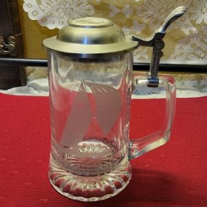 ALWE GLASS GERMANY ETCHED BEER STEIN 12 METER RACING SLOOP OLD SPICE PEWTER LID